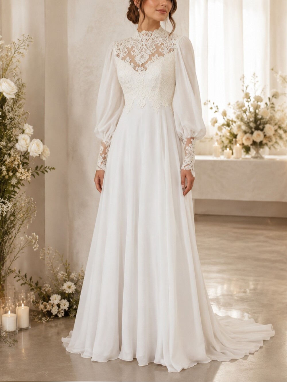 Bianchi Vintage 60s Ivory chiffon with Alencon lace trim Wedding Dress sz 8